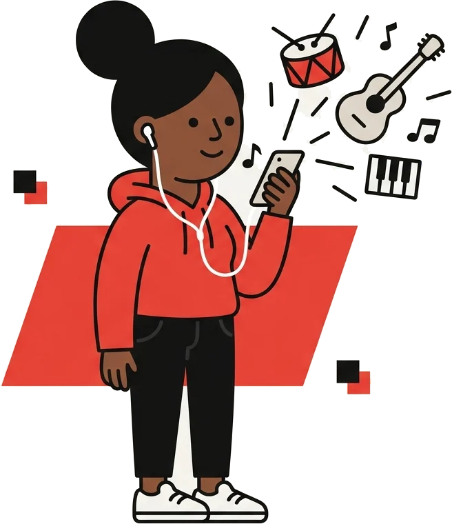 A person listening on their phone while drums, a guitar and a keyboard fly out of it