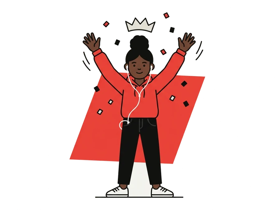 A person cheering with their arms up under a small crown