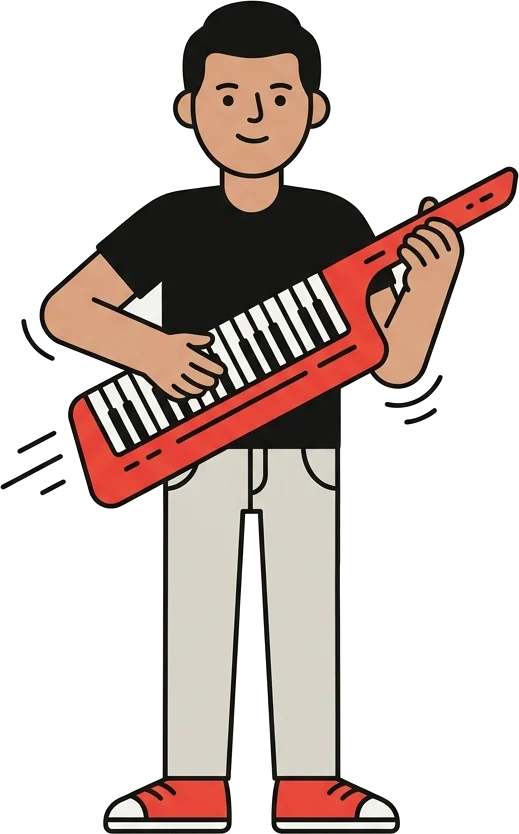 A person playing a red keytar