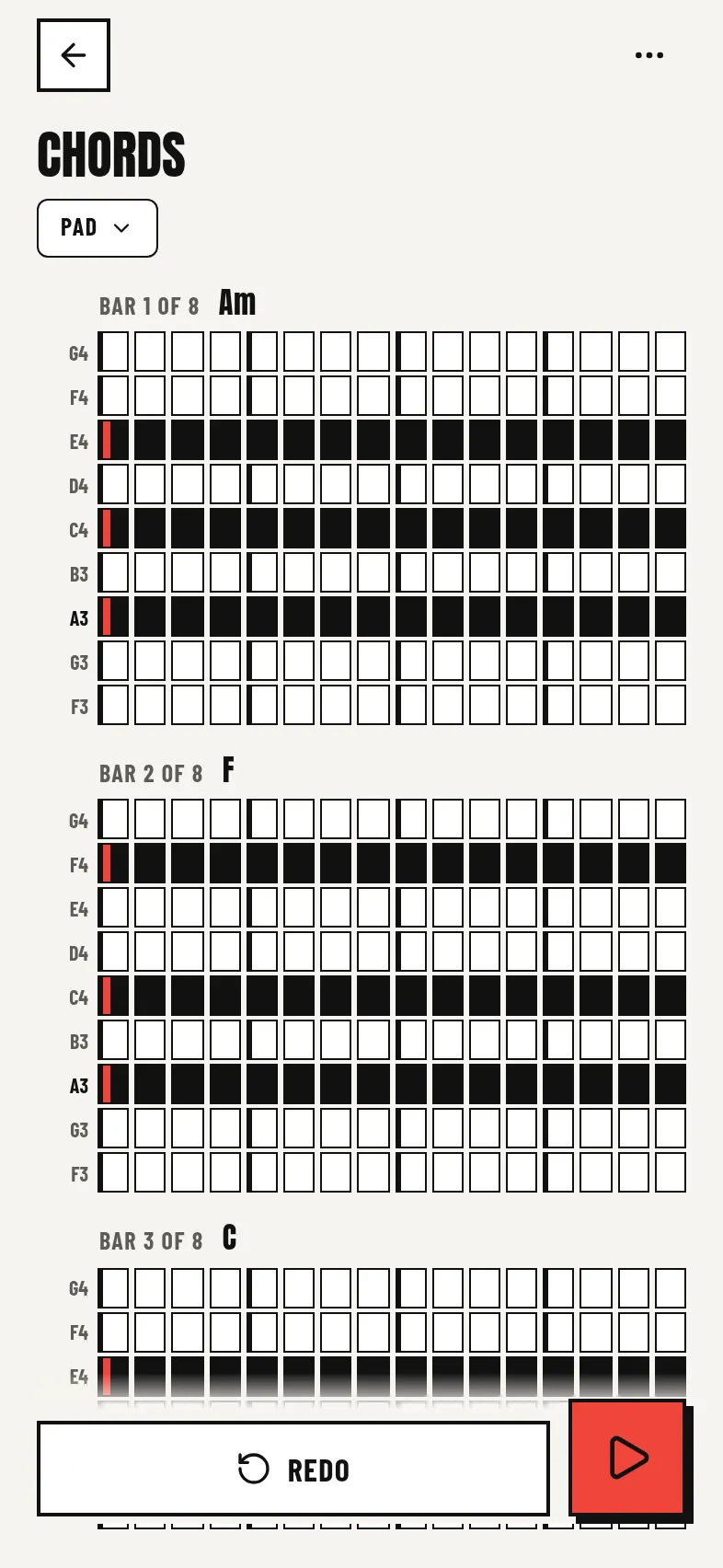 The chords grid with chord names on each bar