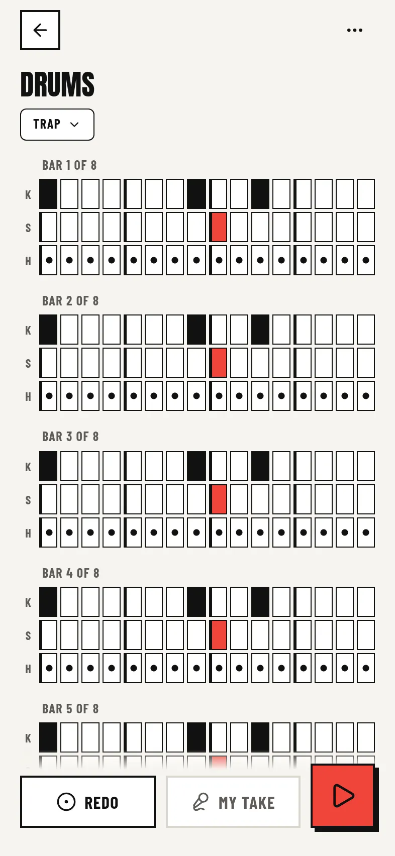 The drum grid with kick, snare and hi-hat rows