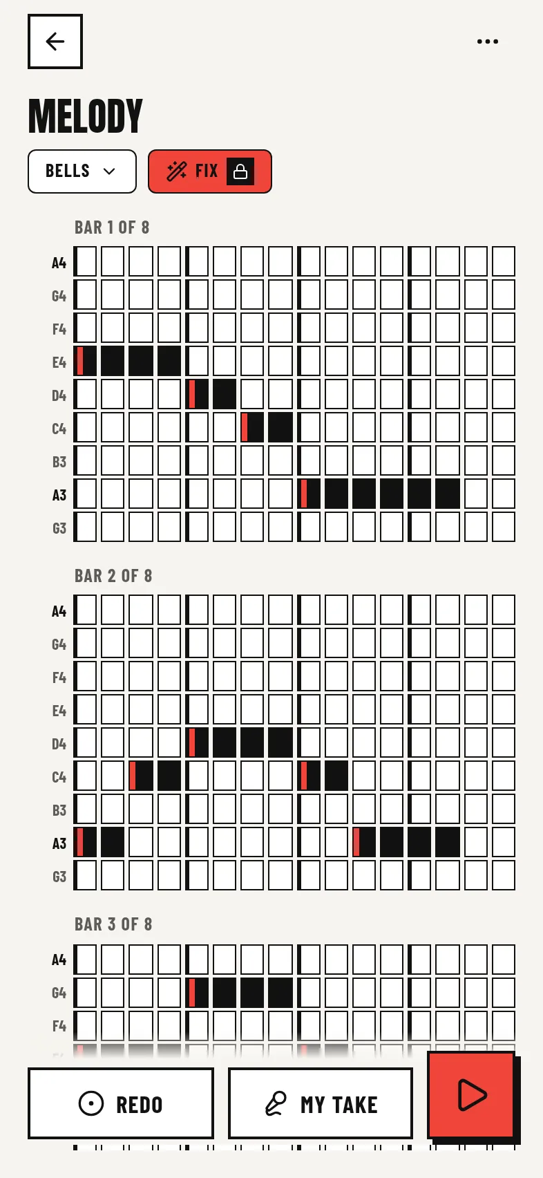 The melody grid, with notes in the song’s key