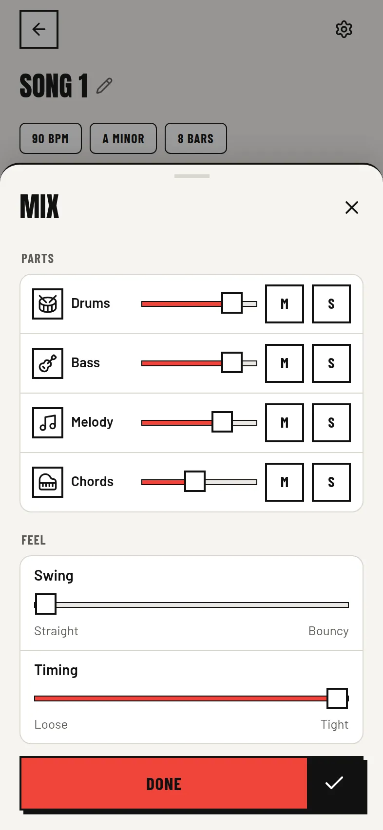 The Mix sheet with a level, mute and solo for each part, plus swing and timing
