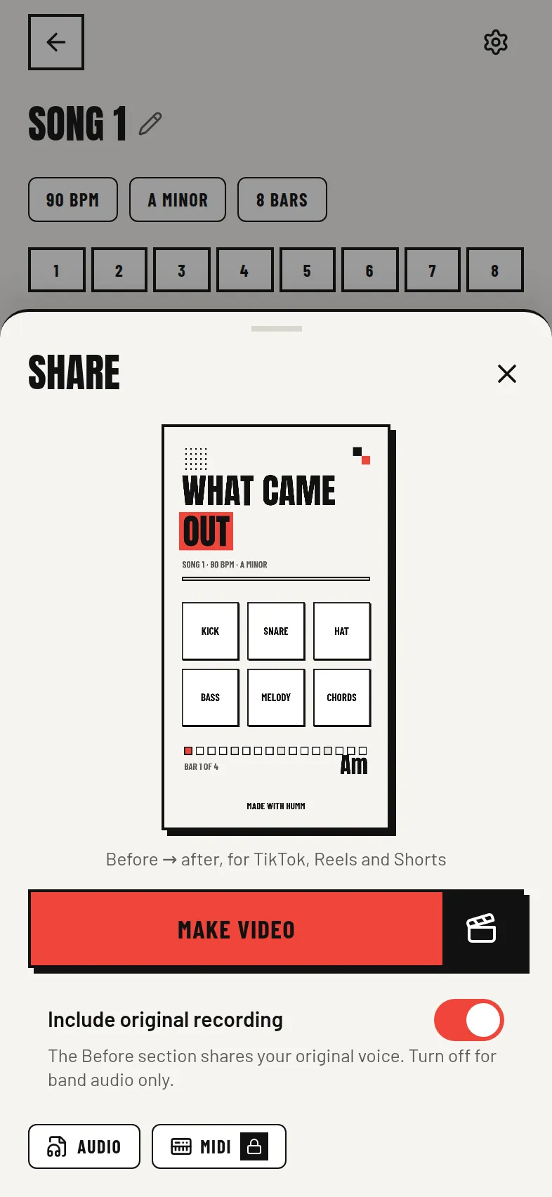 The Share sheet with a before-and-after video preview and audio and MIDI export