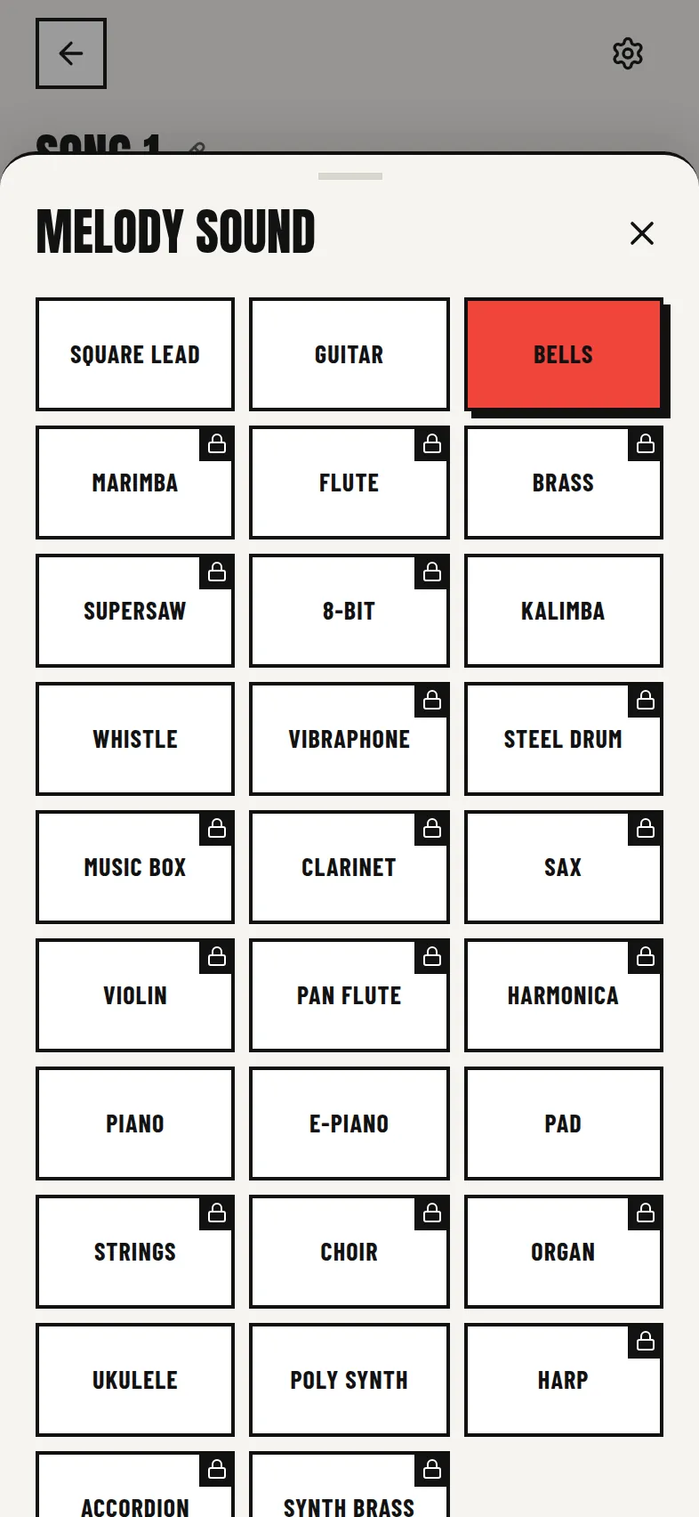 The melody sound picker with instruments such as bells, flute, strings and sax
